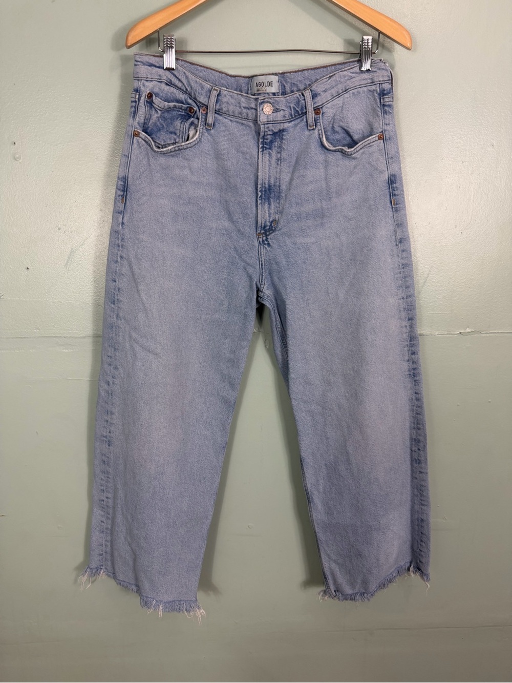 Agolde Ren High Rise Wide Leg Ankle Jeans Blue Size 31 Raw Hem